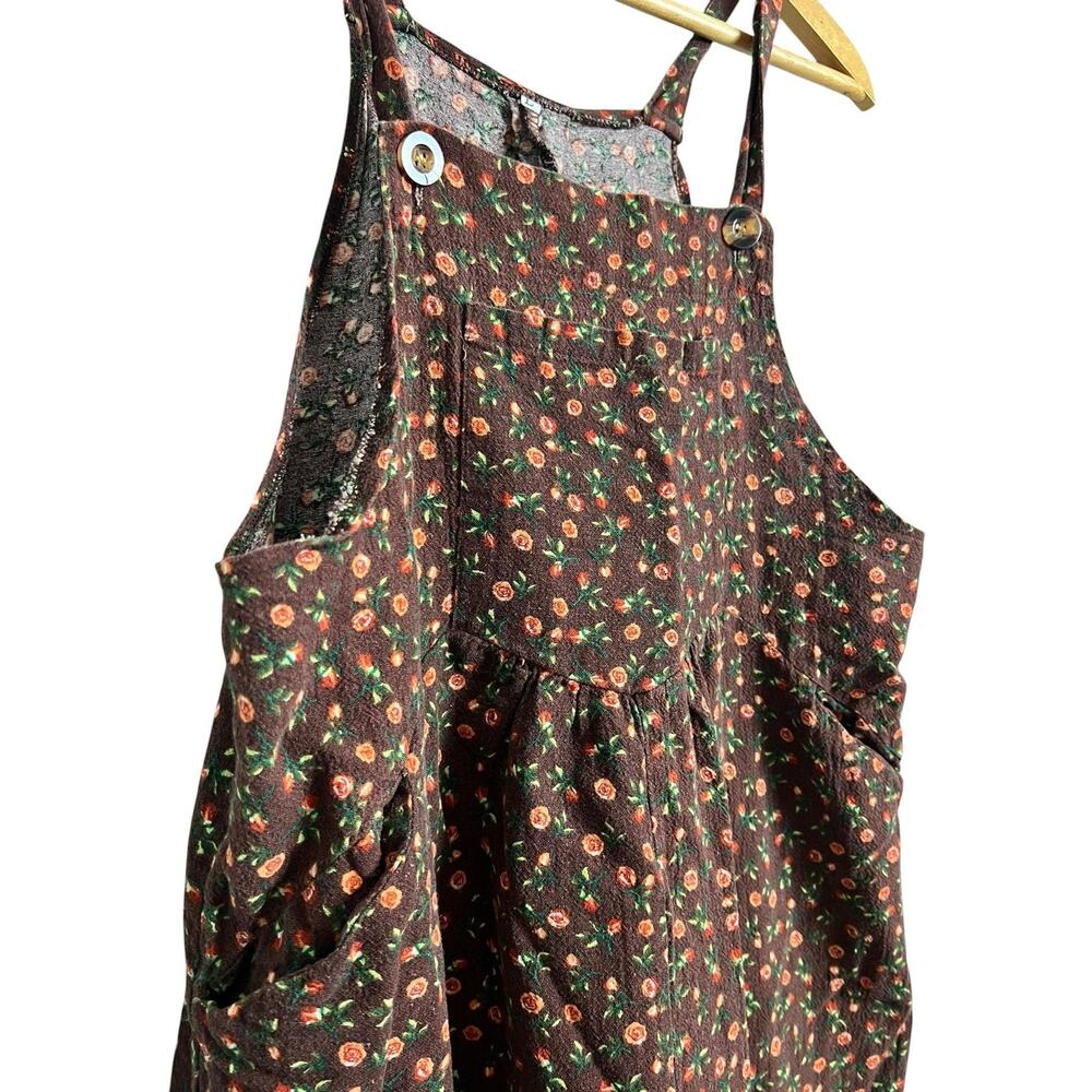 Floral Overall Jumpsuit Womens Large Brown Sleeveless Square Neck Pockets Boho - Picture 3 of 9